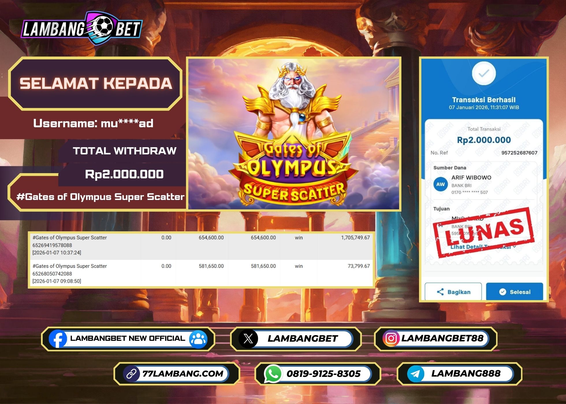 LAMBANGBET [7 JANUARI 2025] JACKPOT SLOT Gates of Olympus Super Scatter "Rp2.000.000" LUNAS